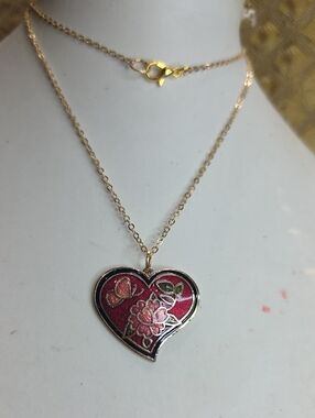 Vintage Heart Cloisonné Gold Plated Pendant Necklace Red Pink Enamel Butterfly